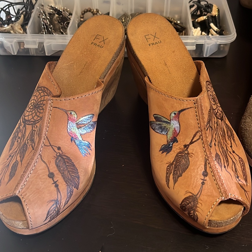 One Of A Kind hand drawn leather wedges size 7